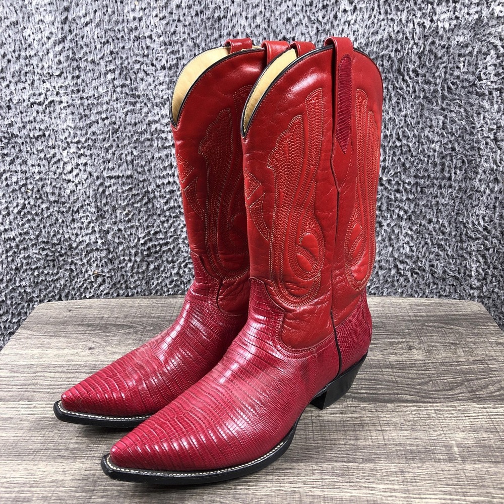 Genuine Lizard Boots Mens Size 7.5‎ EE Red Leather Western Pointed Toe Mexico